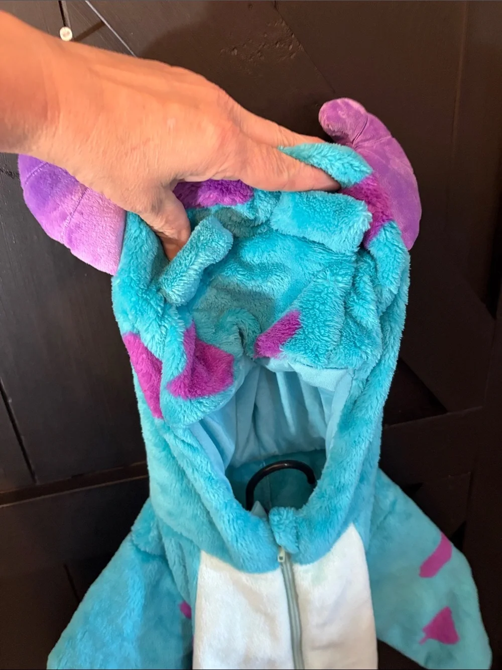 Kids Plush Monster Inc One Piece Hoodie Costume in Teal with Pink Spots